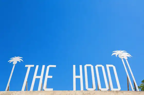 Djerbahood w Erriadh: napis THE HOOD i palmy na niebieskim tle