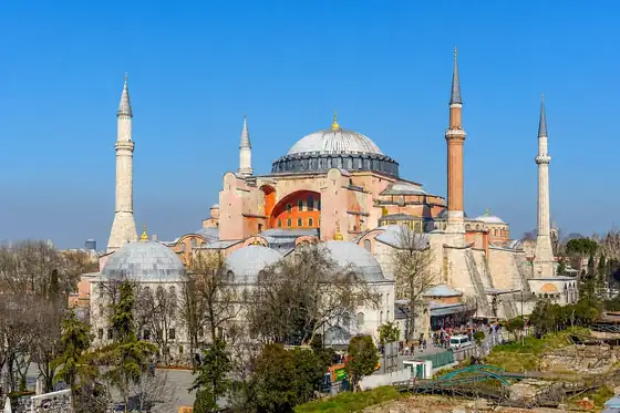Hagia Sophia w Istambule z kopułą, minaretami i drzewami na pierwszym planie