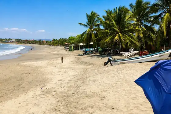 Plaża przy Ixtapa i wyspa Ixtapa w Ixtapa, z palmami, łodzią i linią brzegu