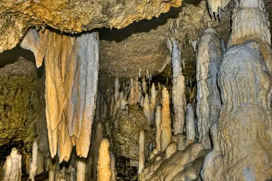Jaskinia Harrison's Cave na Barbadosie z naciekami i stalaktytami na skalnych ścianach.