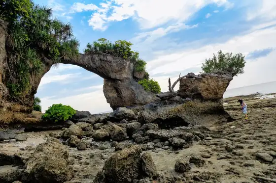 Naturalny most skalny na Neil Island na tle morza i skał przy brzegu