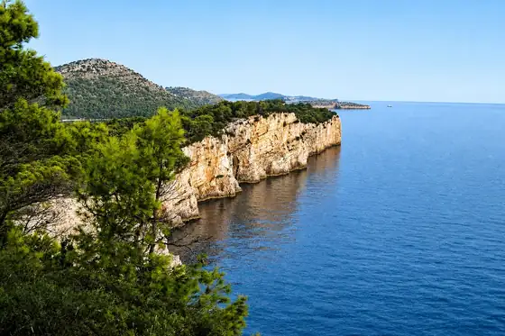 Kornati w Murterze: skalisty klif nad spokojnym morzem i sosny na brzegu
