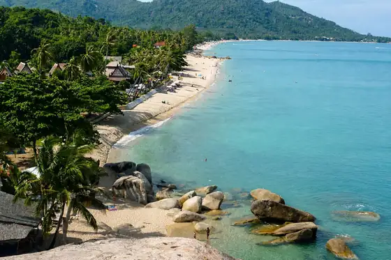 Plaża Lamai w Lamai na Ko Samui z linią brzegu, palmami i skałami przy wodzie.