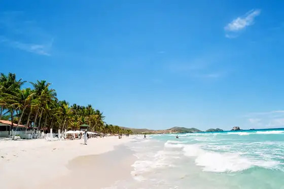 Plaża Playa El Agua na Wyspie Margarita z palmami, piaskiem i falami morza