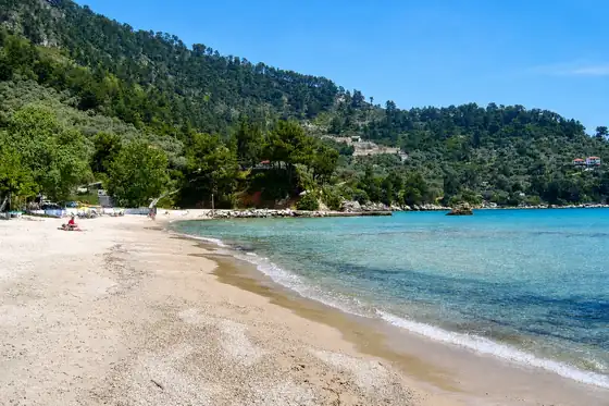 Plaża Złota na Thassos z jasnym piaskiem, turkusową wodą i zalesionym wzgórzem