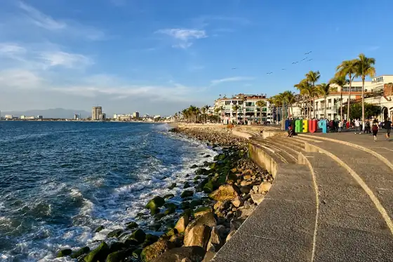 Promenada Malecón w Puerto Vallarta nad brzegiem morza, z kamienistą linią brzegu i palmami.
