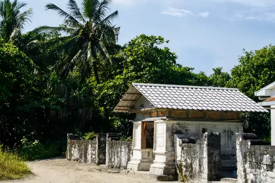Ruiny na wyspie Kudahuvadhoo w Kudahuvadhoo, otoczone palmami i murem