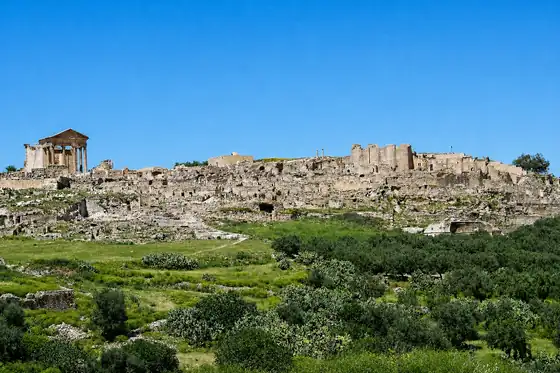 Rzymska Dougga w Teboursouk: ruiny na wzgórzu nad zielonym terenem.