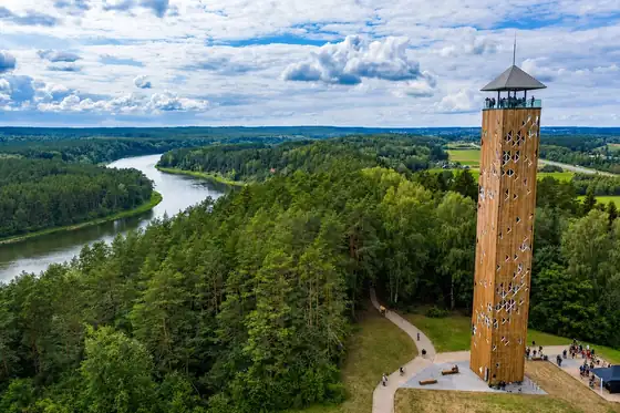 Wieża widokowa Birsztany w Birsztanach nad zakolem rzeki i lasem