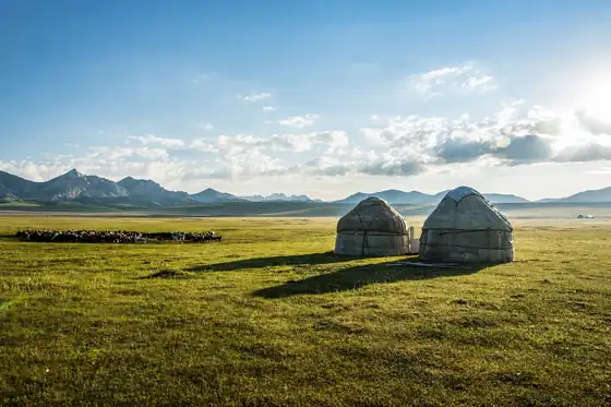 Jurty na mongolskim stepie w Mongolii stoją na trawie pod górskim niebem.