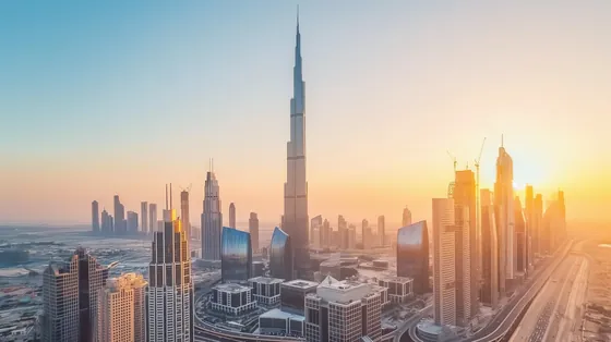 Panorama Dubaju z Burdż Chalifa o zachodzie słońca